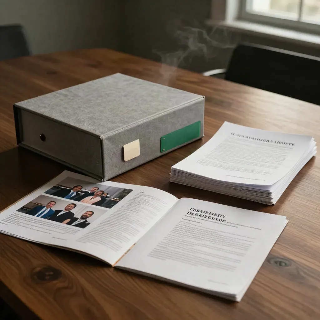 Late-night charity bid review bundle with evidence box, photos and papers on a walnut table.