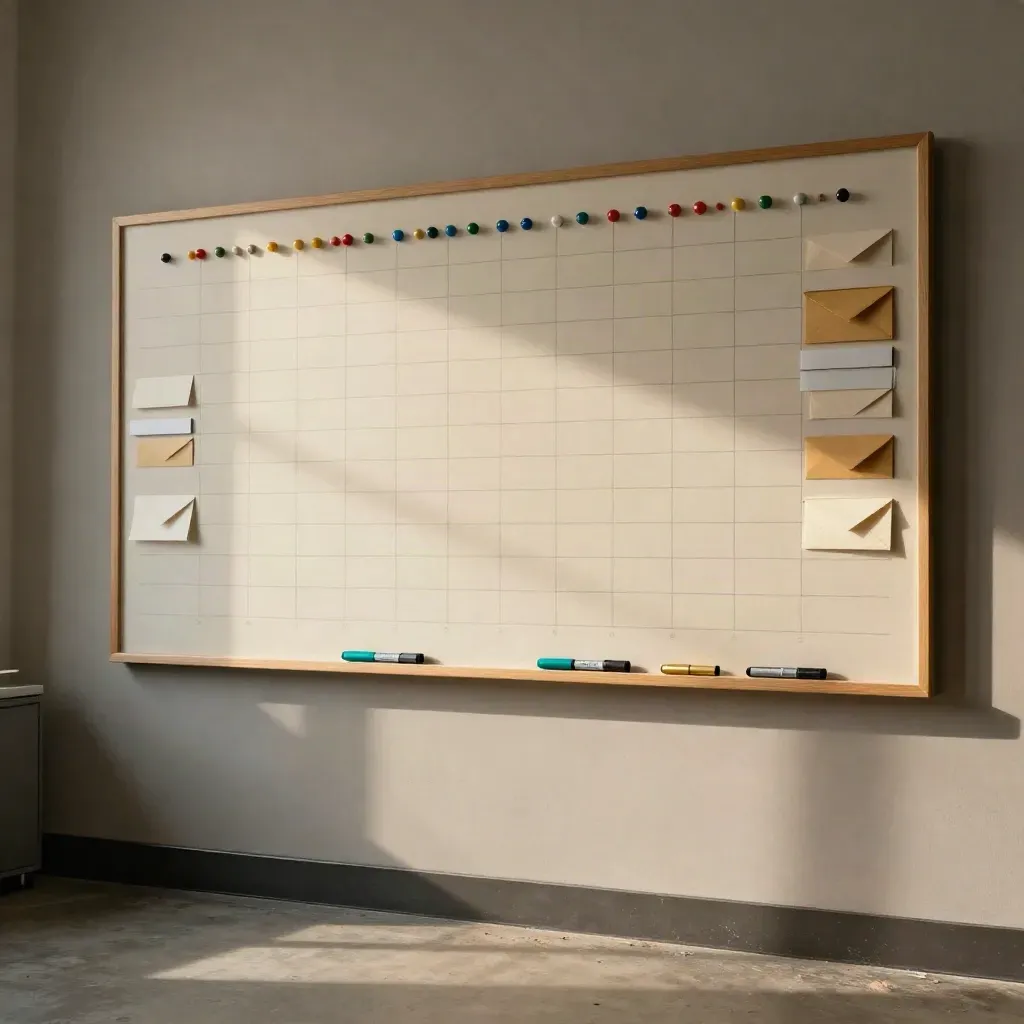 Deadline board with pins, envelopes and markers in a dim early-morning office wall scene.