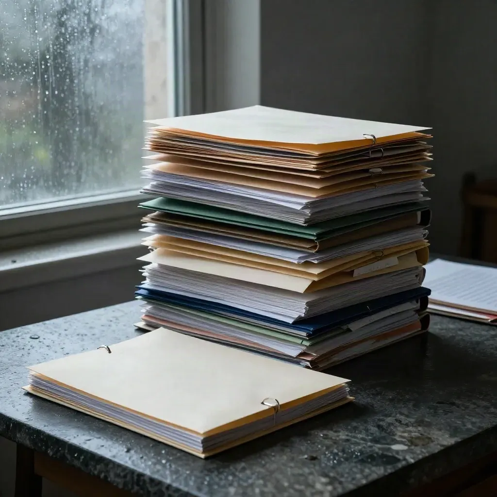 Rain-soaked stack of grant folders and binders on a stone table at dawn