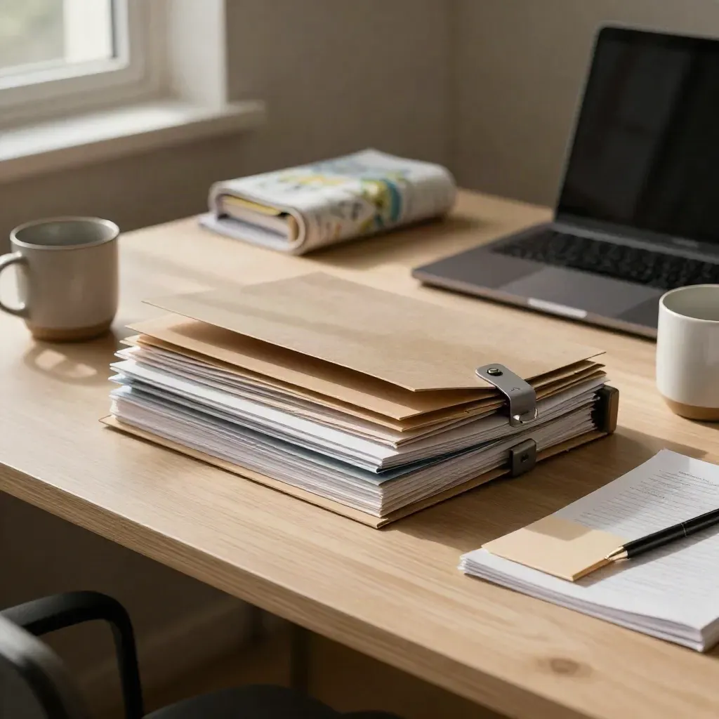 Grant research folders, laptop and mug on a pale wood desk in warm window light.