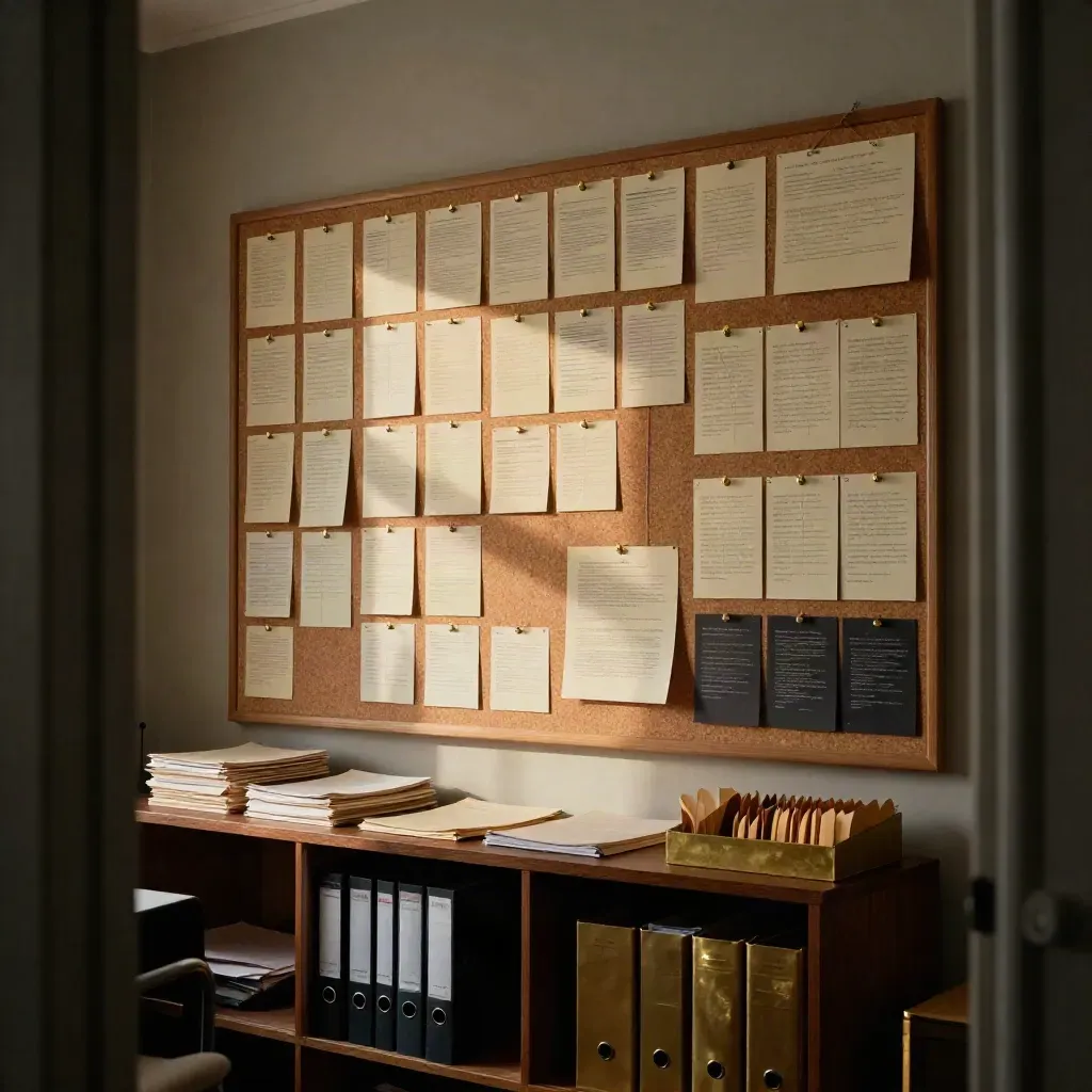 Grant strategy room with cork board, strings and proposal folders in dramatic late-afternoon light