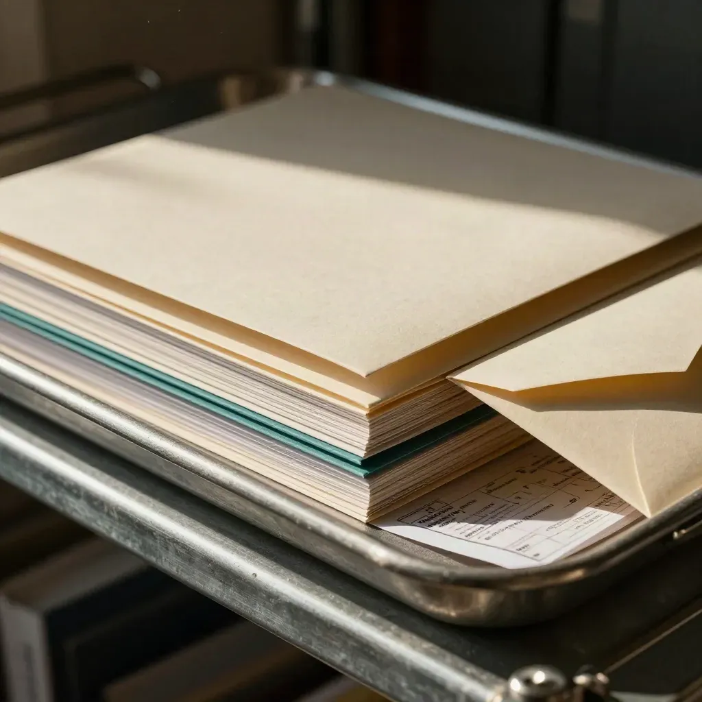 Close view of charity folders, folded postcode map and sealed envelope on a sunlit metal shelf.