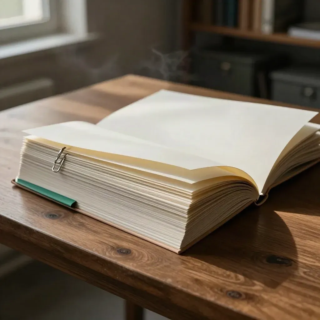 Open proposal bundle on a proofing table, layered papers lit by cool window light.