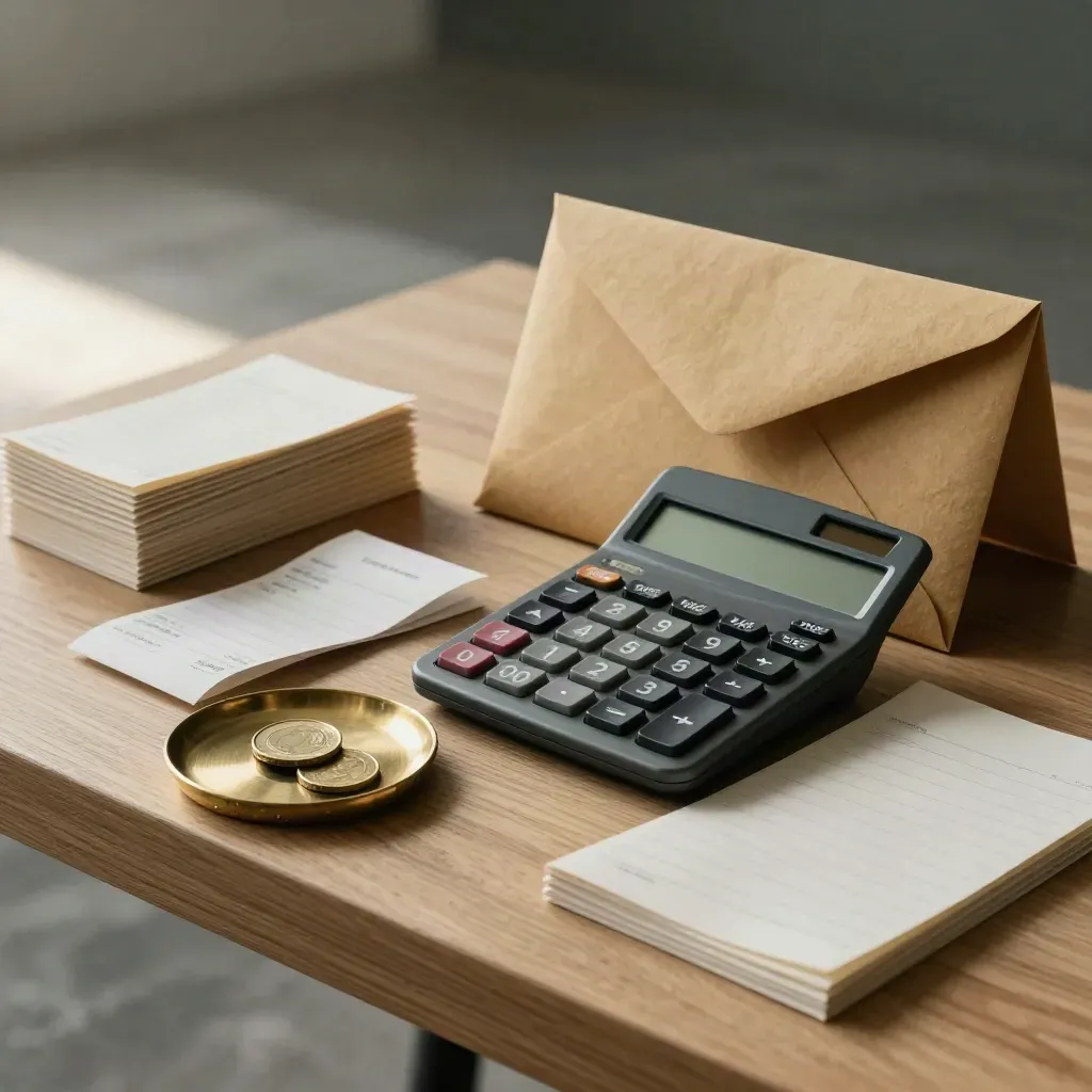 Face-down calculator, brass coin dish and lined envelopes in a quiet budget check still life