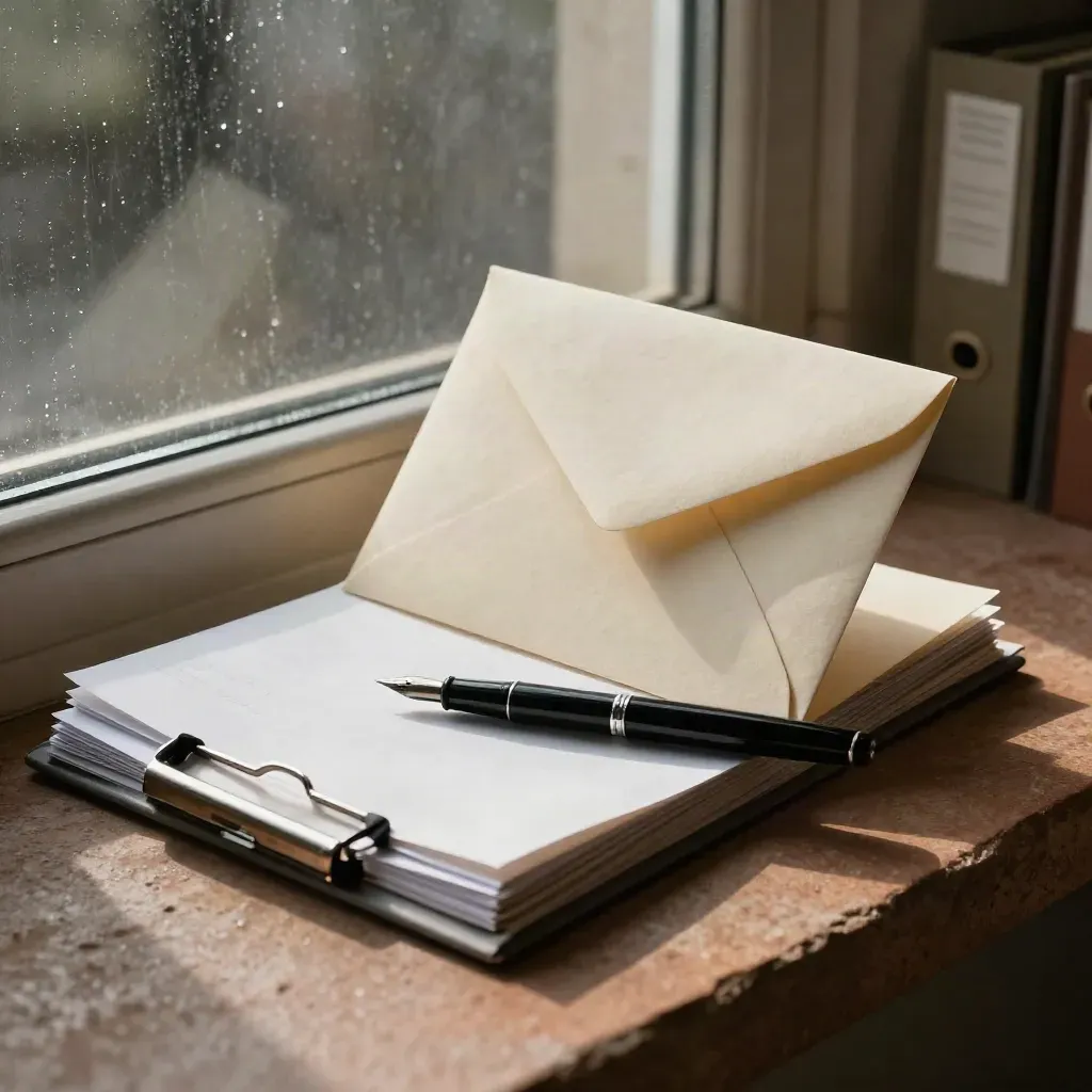 Rain-streaked appeal-support stack with envelope, papers and pen on a terracotta windowsill.