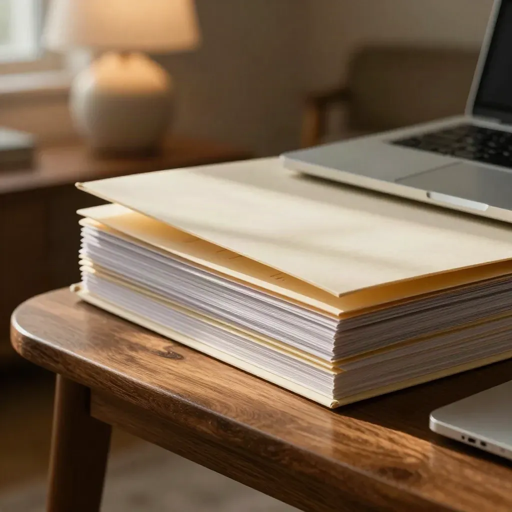 Floor-level close-up of an opened grant intake folder beside a laptop and lamp on a pine side table.
