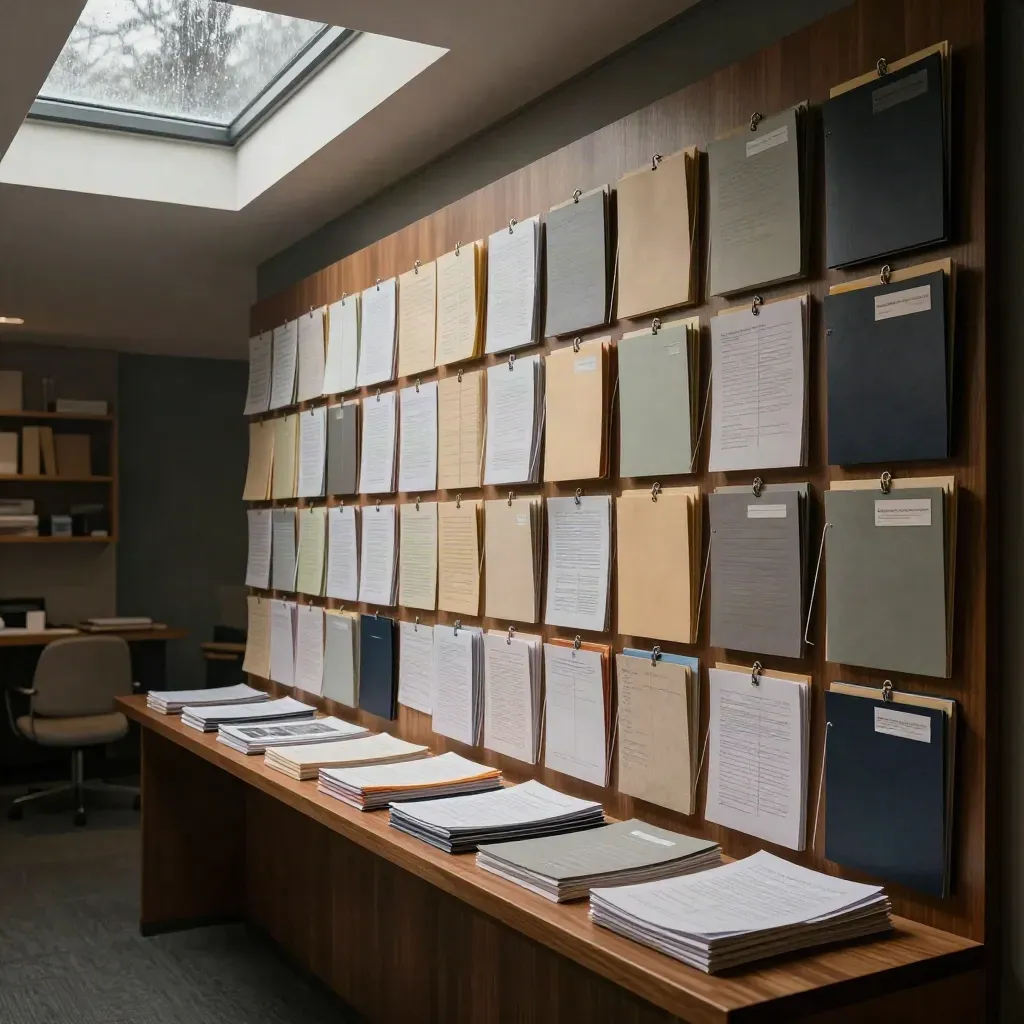 Rainlit grant planning wall with colour folders, string routes and stacked proposal notes