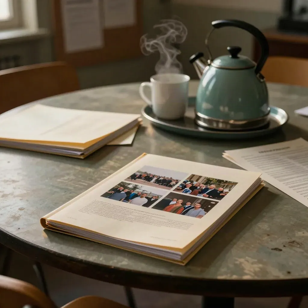 Support folders, face-down photo prints and steam by a kettle tray on a round charity table.