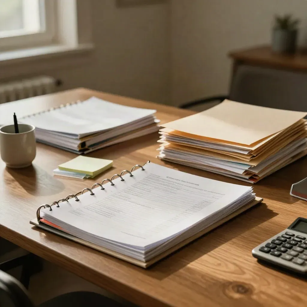 Open grant review binders, tabs, and desk lamp glow on a warm oak desk.