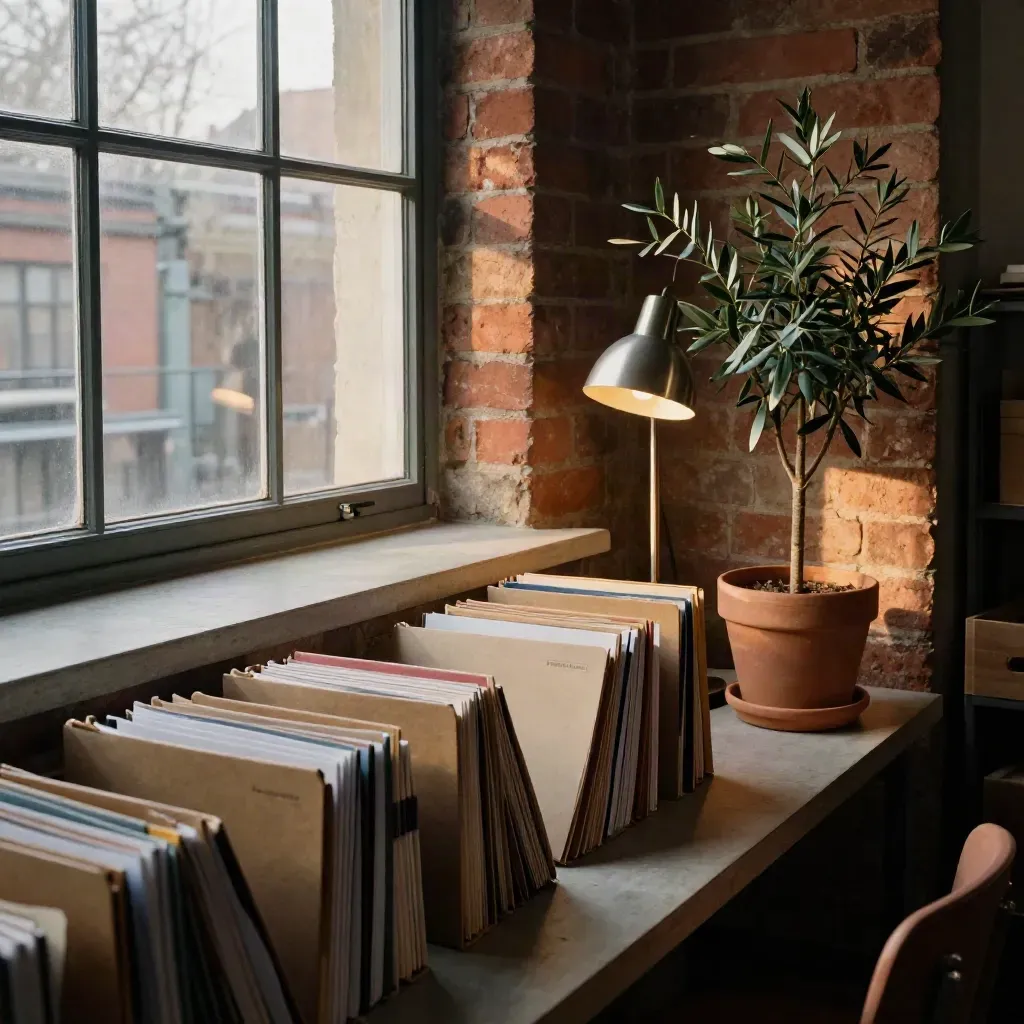 Side view of grant folders beside a terracotta plant and brick window wall in cold daylight.