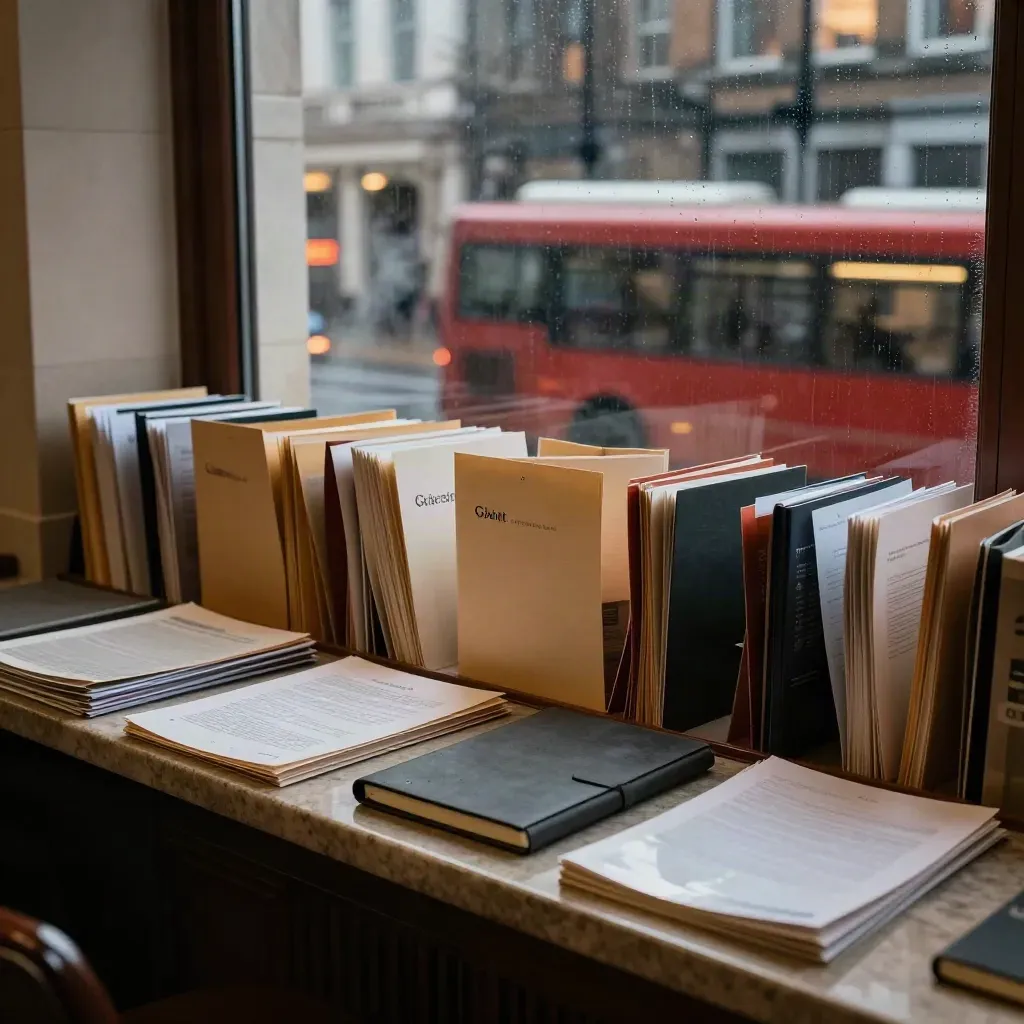 Rain-specked London office window ledge with grant folders and a closed notebook at dusk