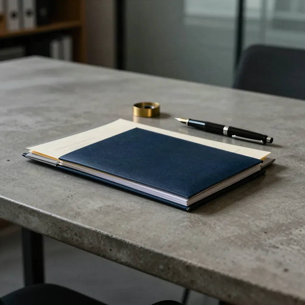 Sealed appeal packet, evidence stack and fountain pen on a concrete table in soft evening light.