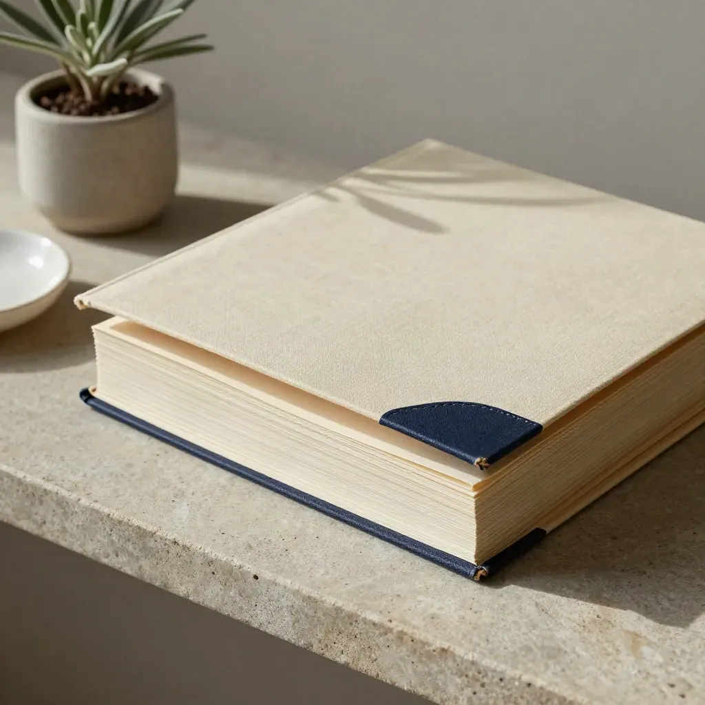 Manila grant folder with linen, sage plant and ceramic dish on a stone shelf.