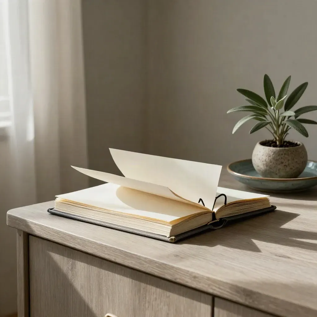 Charcoal ring binder with pale dividers, ceramic dish and trimmed plant on pale ash wood.