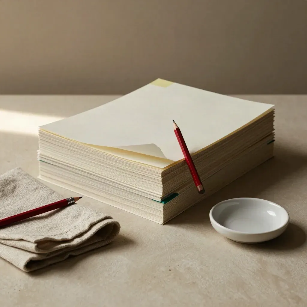 Draft stack with tabs, red pencil, linen cloth and ceramic dish on a plaster sweep.