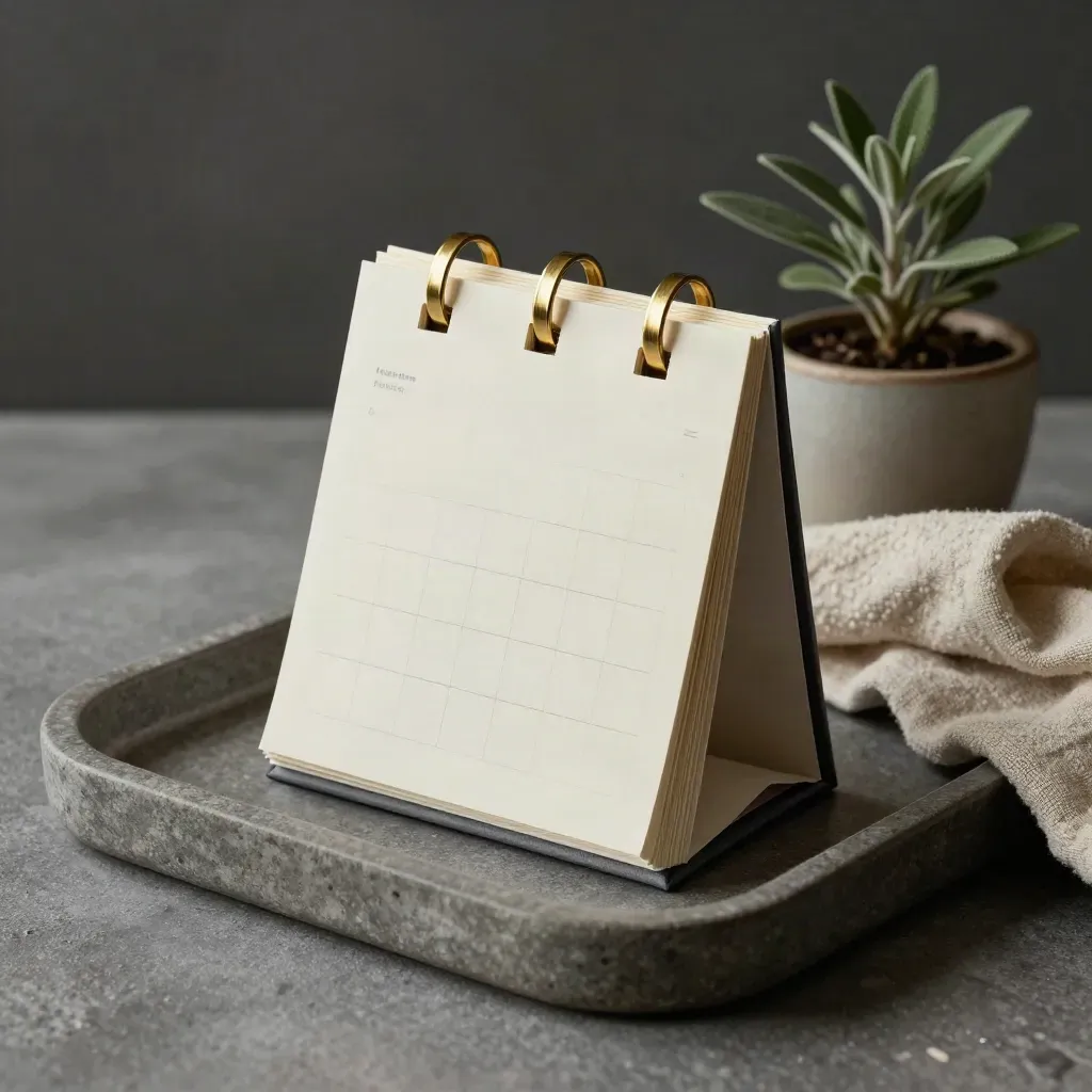 Blank calendar block with gold markers, linen cloth and plant on a stone tray.